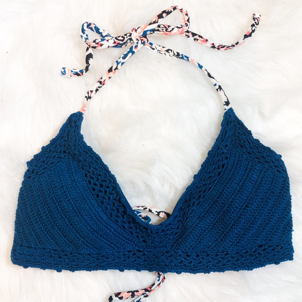 Navy Crochet Multicolored Halter Bikini Top